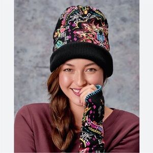 JOHNNY WAS Black Calypso Embroidered Beanie Hat, O/S